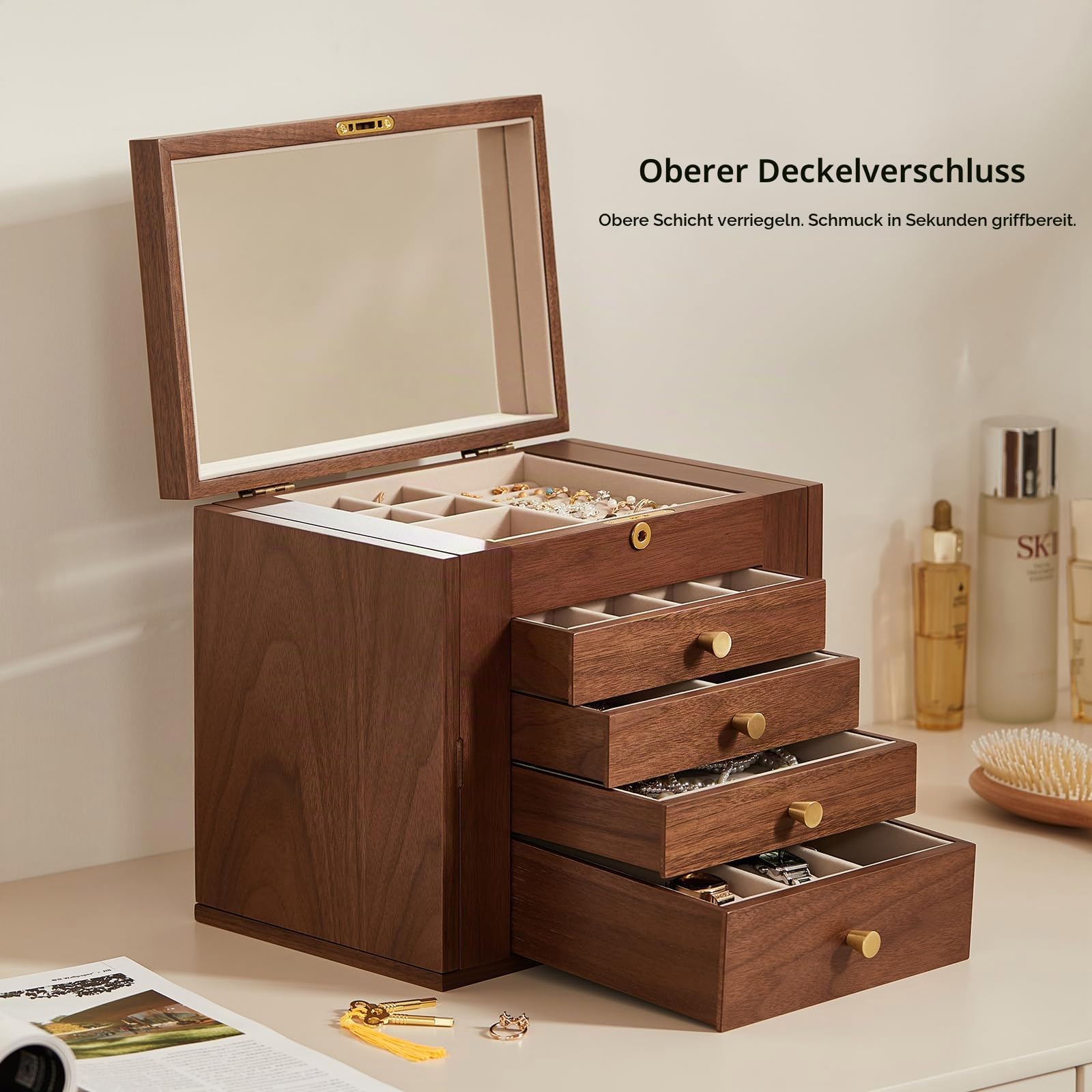 Schmuckkästchen aus Walnussholz für Damen mit Schloss, 5 Fächer | Schlichte klassische Formgebung mit viel Platz für gängigen Damenschmuck, Geschenk für Frauen