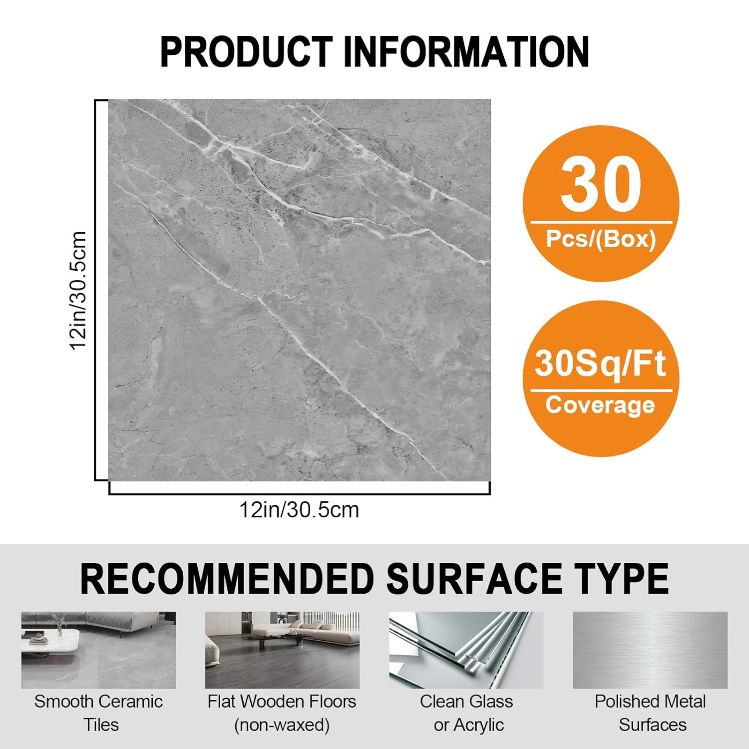 Grey Marble Peel and Stick Floor Tile 30-Pack 12 x 12 inch,Self-Adhesive Waterproof Vinyl Flooring Plank for Bathroom,Kitchen, Dining Room, Bedrooms, Cover 30 Sq. Ft