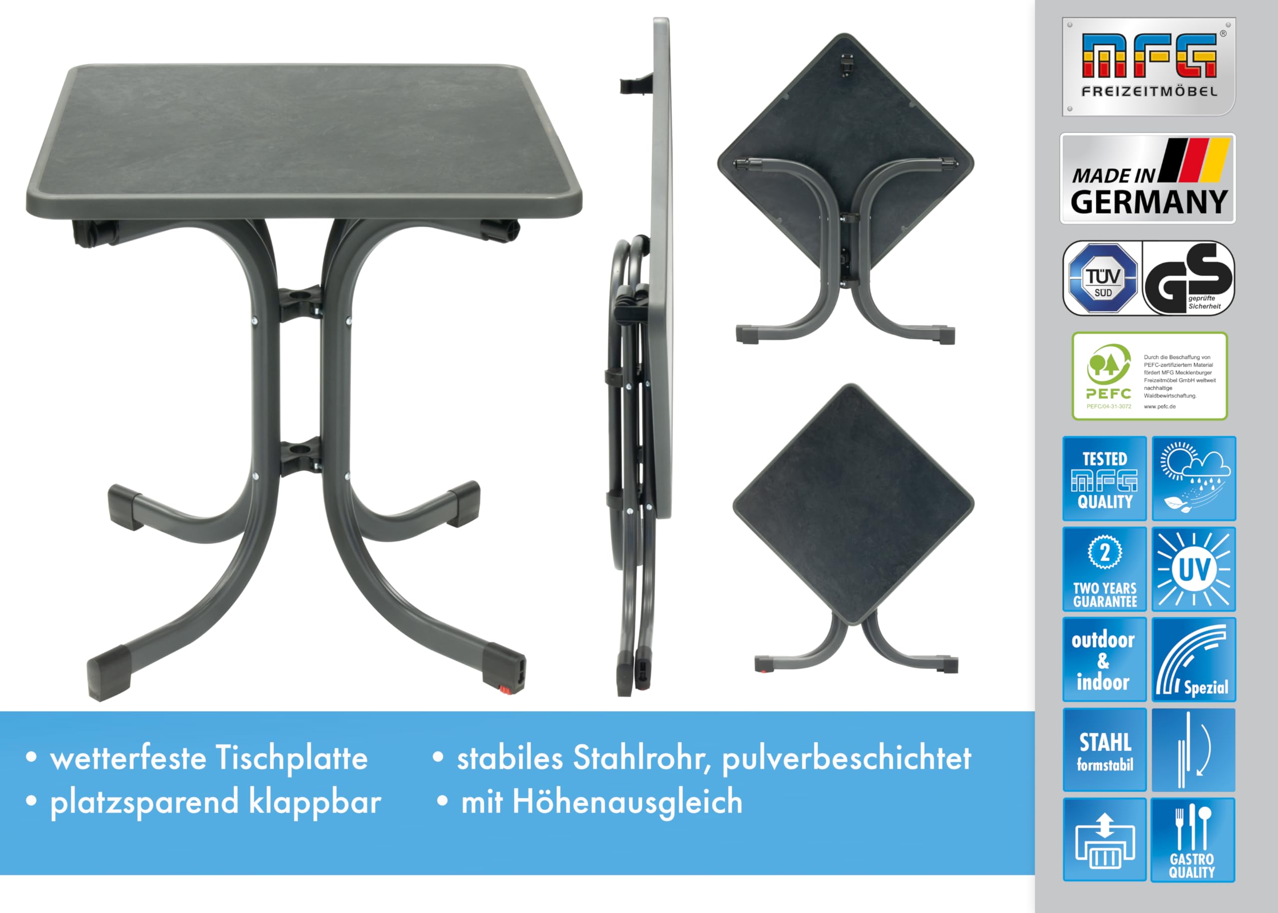 MFG Boulevardklapptisch 70x70 cm, anthrazit/Schiefer