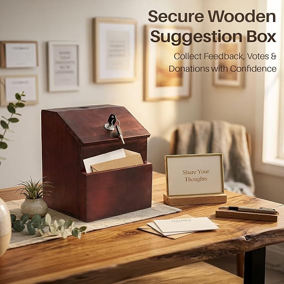 Flexzion Wooden Suggestion Box with Lock and Slot, Lockable Ballot Box