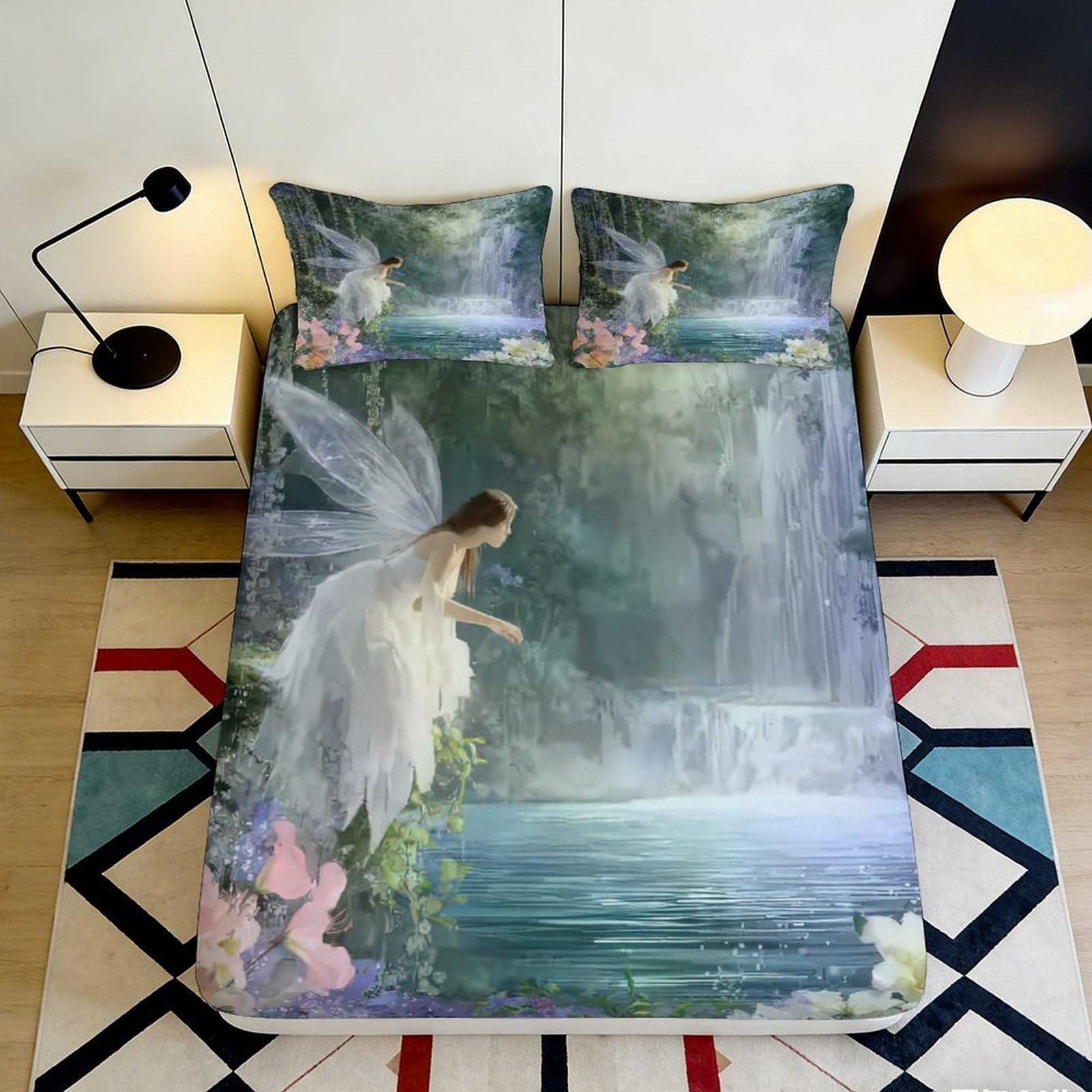 3D Printed Fairy Waterfall Fitted Sheet Microfiber Soft Durable Enchanted Forest Bed Cover for Bedroom Dormitory Guest Room Mattress Protection 140x200x25cm