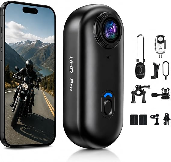 dahocamgo 4K Mini Body Camera, Waterproof Wearable Design, 64GB Built-in Storage, Sports POV Cam, Helmet Mounted Hands Free Recording for Cycling, Motorcycle, Vlogging