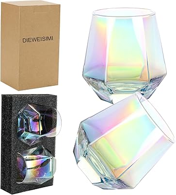 DIEWEISIMI Wine Glasses Set of 2, Diamond Stemless Wine Glasses - Iridescent Glassware