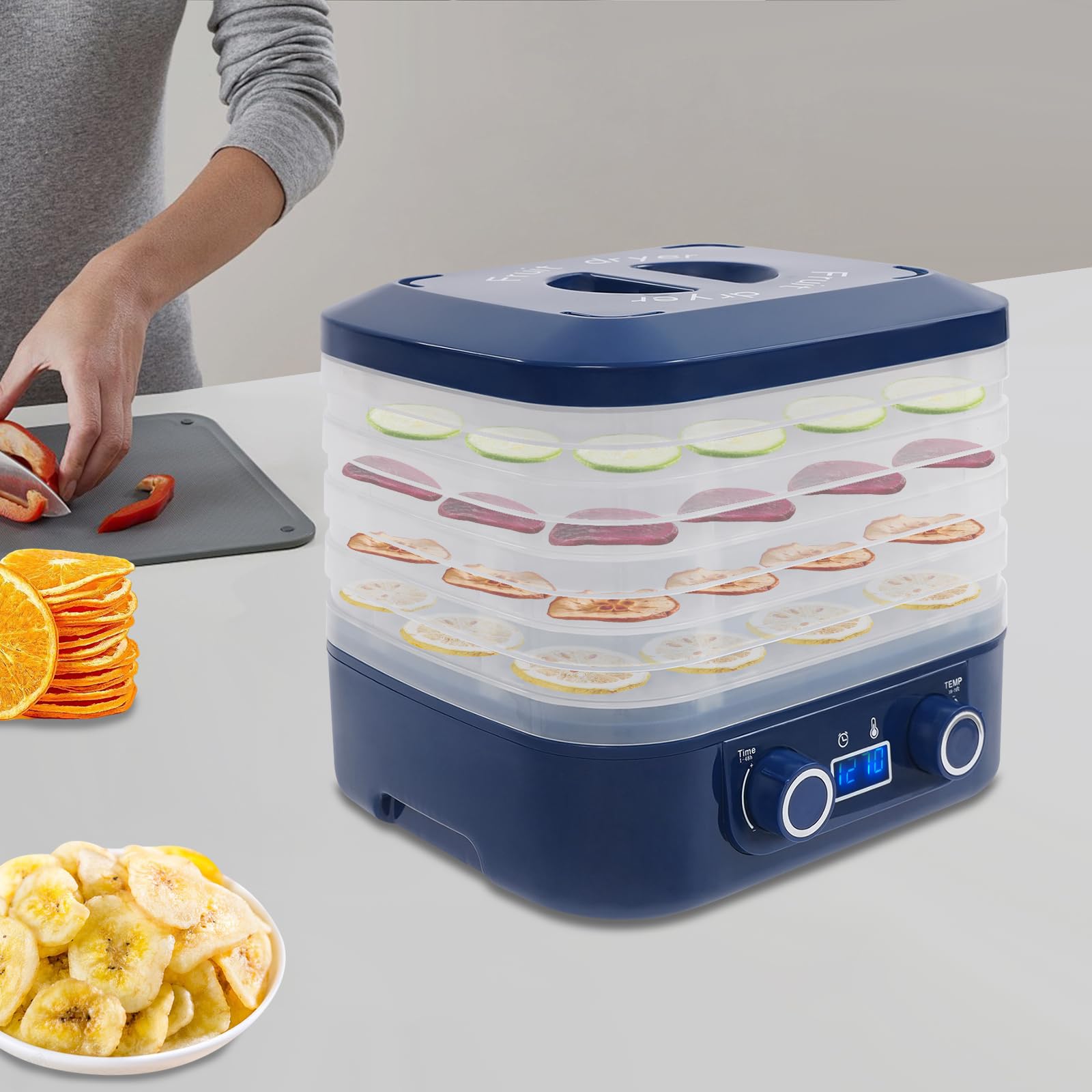 Secador automático de 160 W, secador de frutas y verduras de cinco etapas, secador de alimentos multifuncional, adecuado para el hogar, cocina, tiendas de mascotas y sala de estar