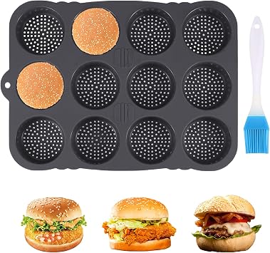 Hamburger Bun Pan,12 Cavity Non Stick Baking Pan with Oil Brush for Bread,Perforated Hamburger Bread Mold,Deep Dish Cookie Pan for Homemade Hamburger Buns, 39.5 x 29 x 3cm, Black
