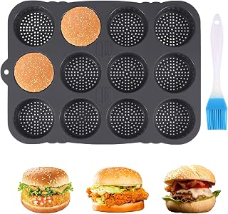 Baking Tin for Burger Buns, Burger Buns Baking Mould Silicone with 12 Cavities Reusable Burger Bread Mould for Burger Buns Bread Muffins -40 C to 230 C Heat Resistance
