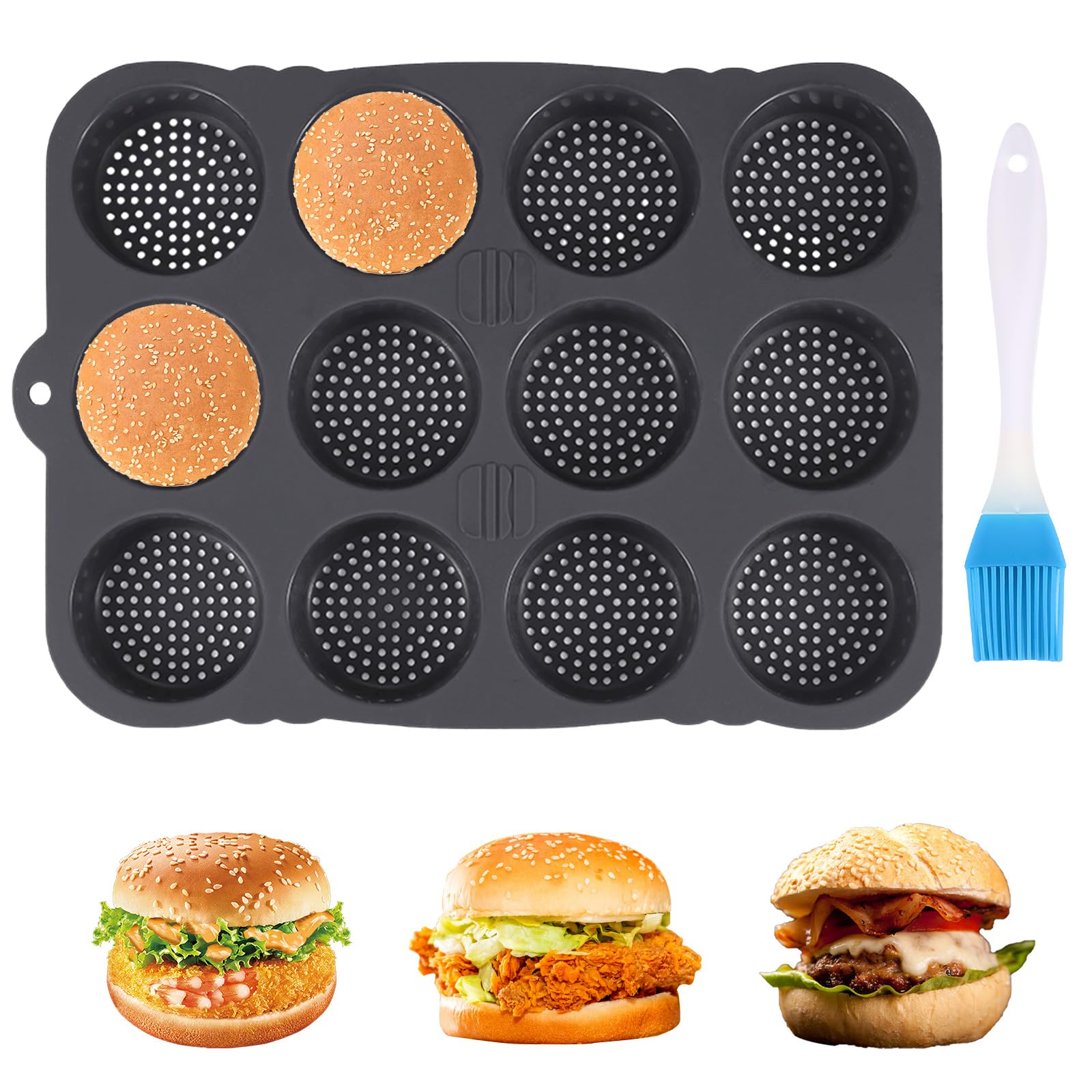 BlyeMichdi Hamburger Bun Pan,12 Cavity Non Stick Baking Pan with Oil Brush for Bread,Perforated Hamburger Bread Mold,Deep Dish Cookie Pan for Homemade Hamburger Buns