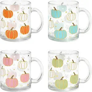 JarThenaAMCS 4-Piece Fall Glass Coffee Mug Set with Handle, 12 Oz - Orange, Blue, Pink, Green Pumpkin Design