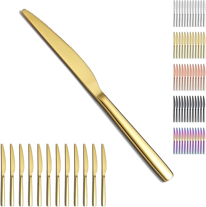 Gold Dinner Knives Set 12 Pieces, Titanium Plating Stainless Steel Butter Knives Table Knives, Flatware Steak Knives Silverware Set, Cutlery Set, Dishwasher Safe