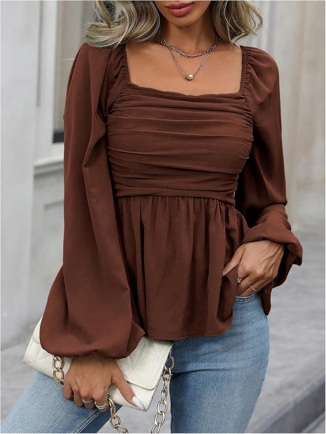 Floerns Women's Bishop Long Sleeve Ruched Square Neck Ruffle Hem Peplum Blouse Top - Image 3