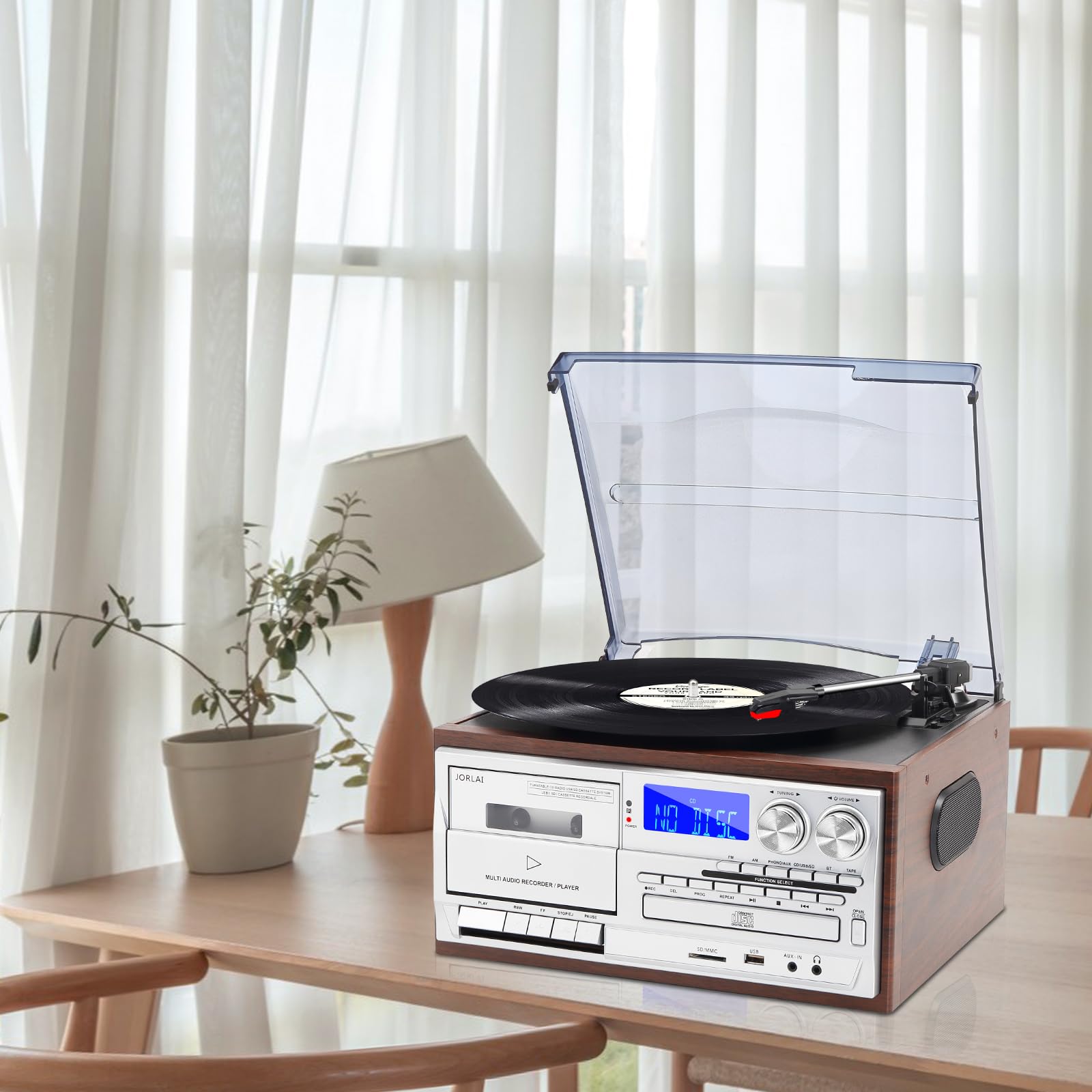 9-in-1 Platine Vinyle 3 Vitesses Bluetooth avec Prise Audio 3,5 mm, Vinyle Phono avec Haut-parleurs stéréo intégrés/Piles, CD/Cassette, Radio AM/FM, USB/SD, Marron