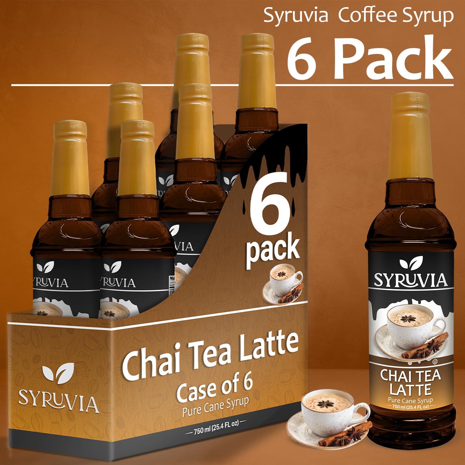 Chai Tea Syrup by Syruvia 6-Pack, 25.4 fl oz, Wholesale Coffee Syrup Shops, Cafes, Baristas, Bistros, & Beverage Bars, Bulk Kosher & Gluten-Free