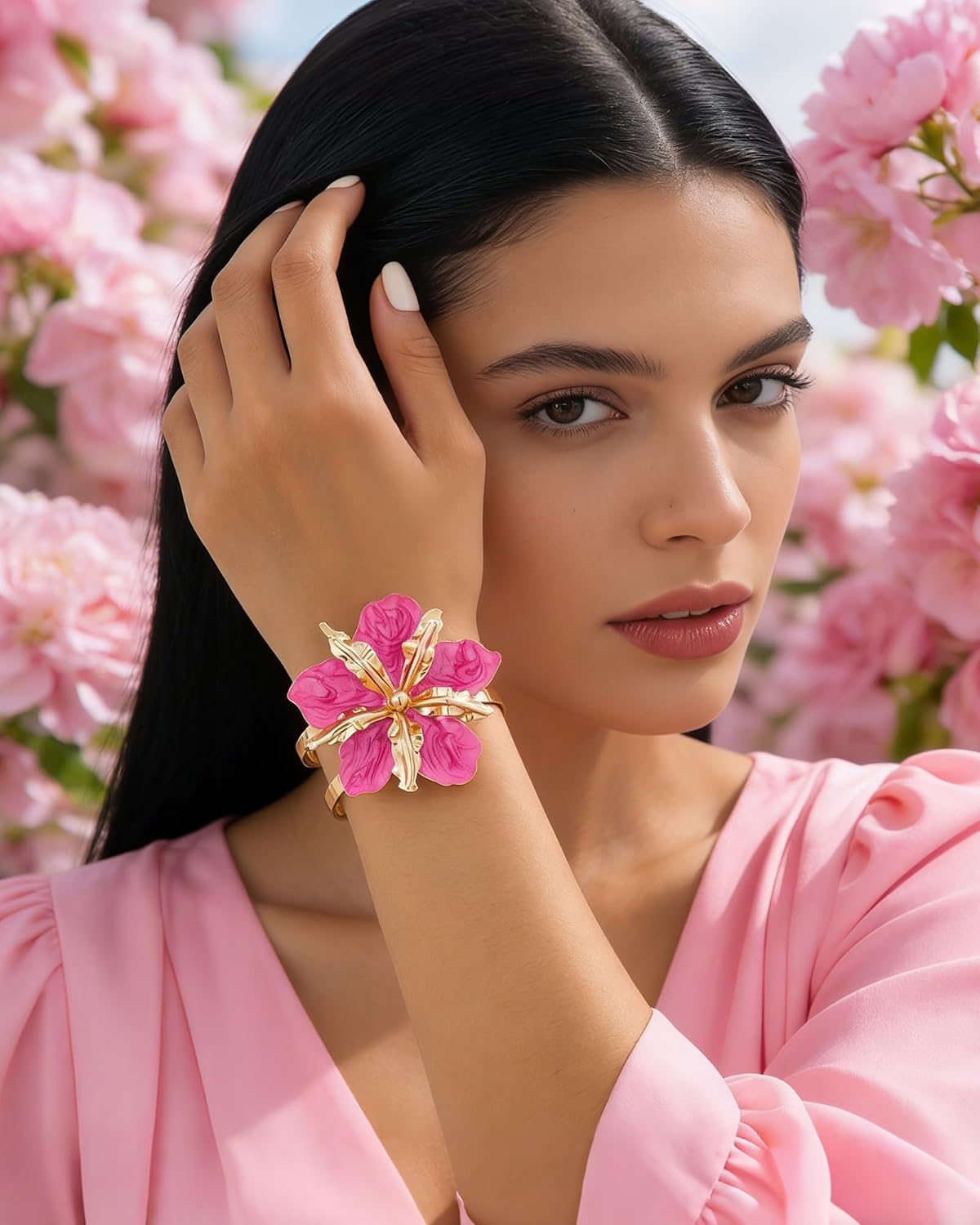 Chunky Pink Flower Bracelet for Women Boho Thick Gold Cuff Bracelet Adjustable Hot Pink Flower Bangle Trendy Jewelry Spring Summer Dress Outfits Accessories for Her