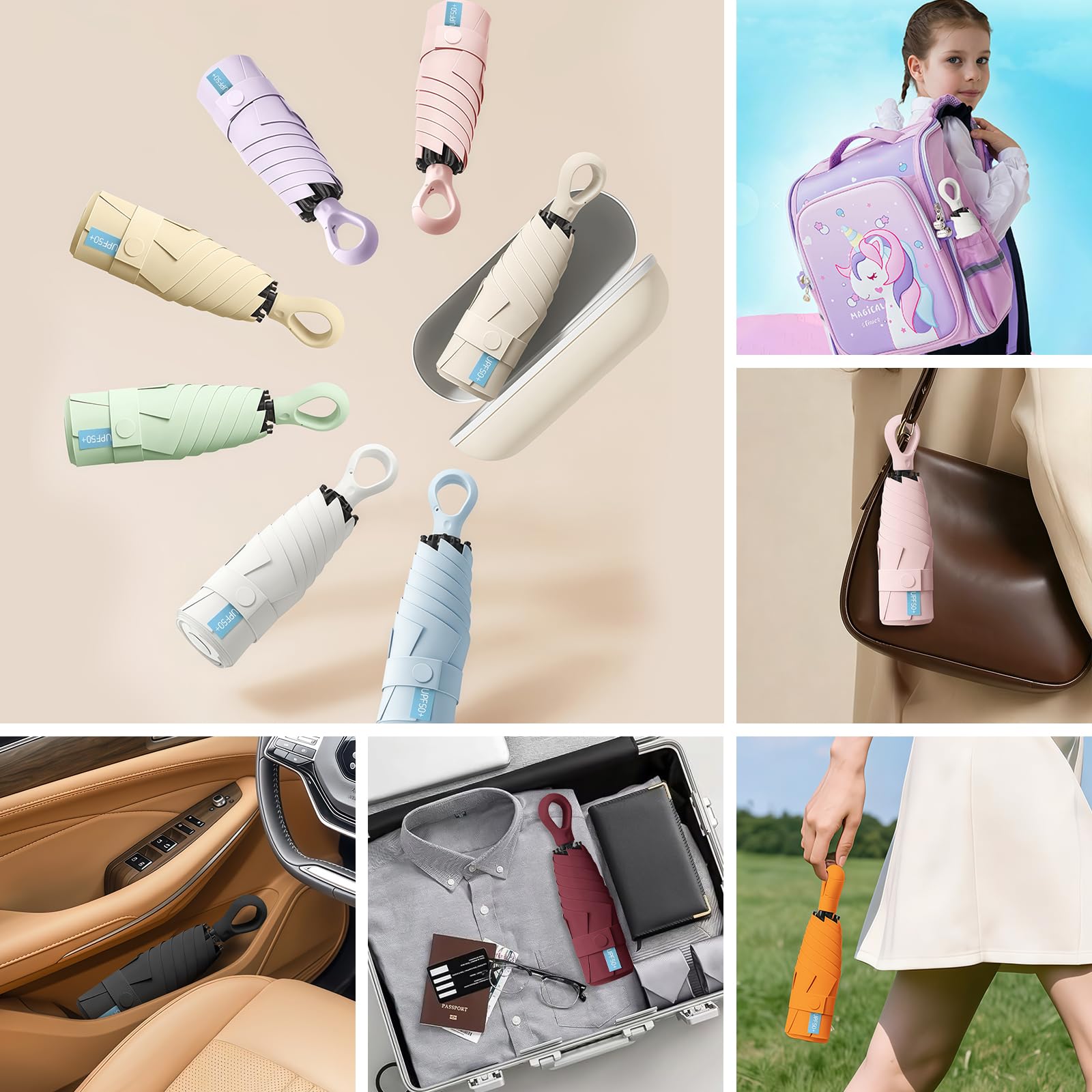 HCQC Ombrello Ultra Leggero Pieghevole Mini da Viaggio – Protezione UPF 50+, Impermeabile e Compatto – Ombrello Tascabile per Uomo e Donna con Custodia a Capsula