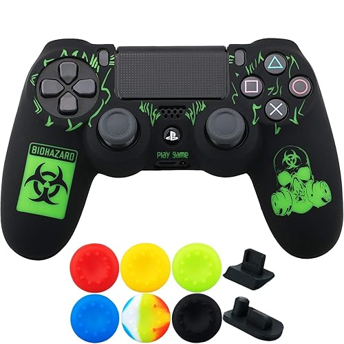 9CDeer 1 Piece of Silicone Laser Carving Protective Cover Skin + 6 Thumb Grips & Dust Proof Plugs for PS4SlimPro Controller Bio Hazard