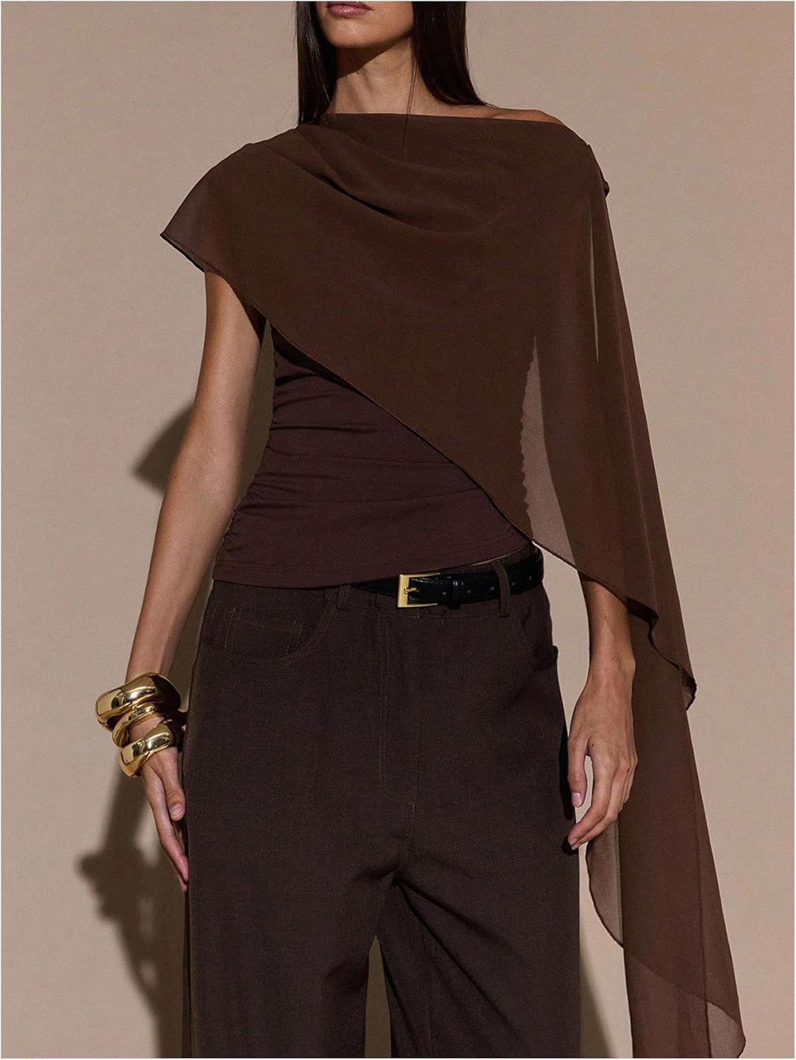 Women's Ruched Cape One Shoulder T Shirts Short Sleeve Asymmetrical Neck Fitted Crop Top - Image 3