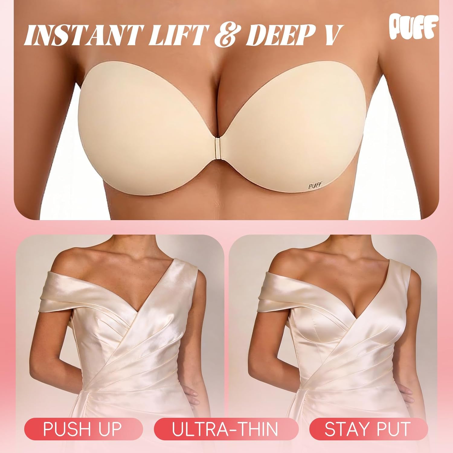 Puff Sticky Bra Push Up Strapless Backless Adhesive Bra for Women,Invisible Silicone Lift Nipple Covers - Image 2