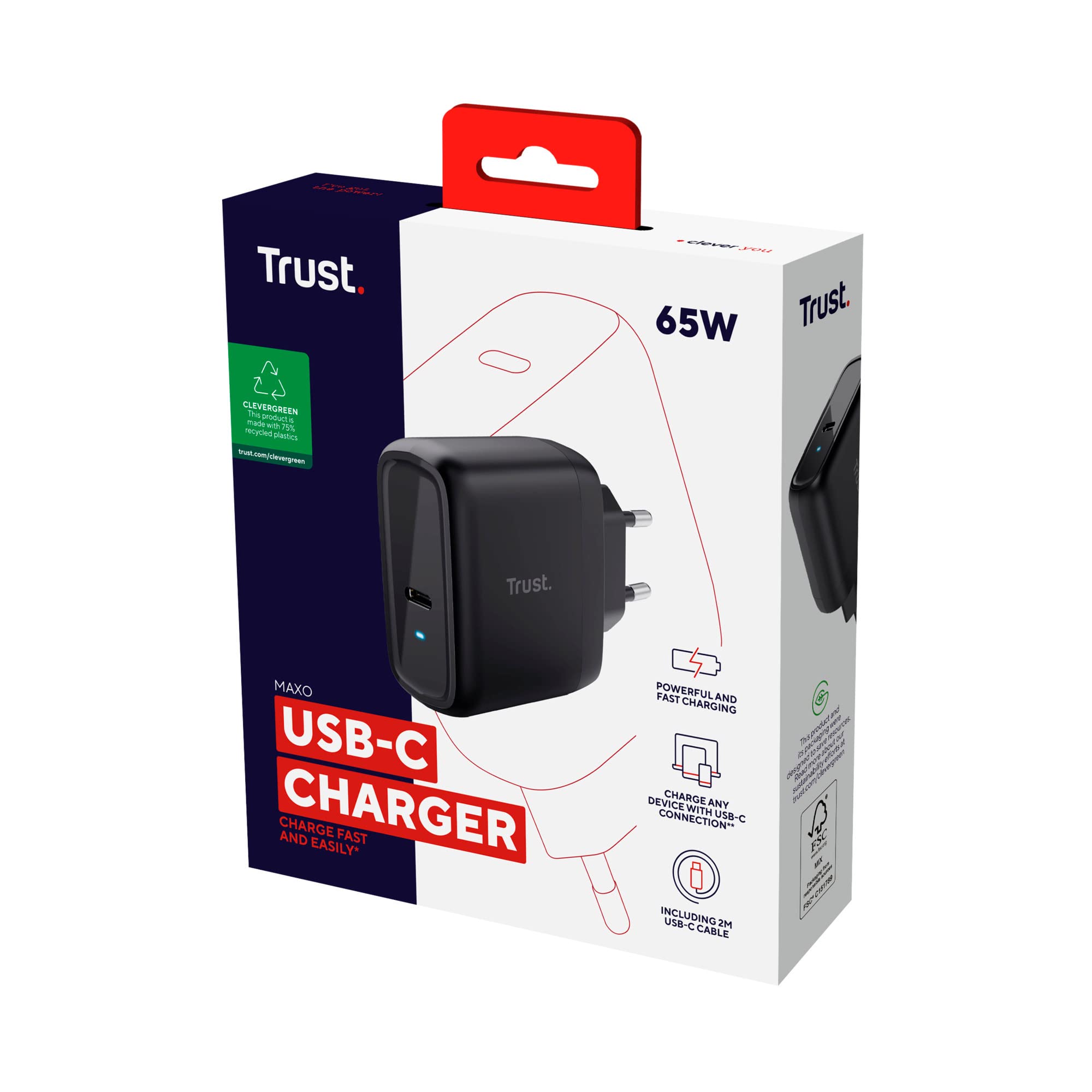 Trust Maxo Caricatore USB-C da 65W con Cavo USB-C da 2m, Nero | Caricatore Rapido, 75% con Materiali Riciclati, Adattatore di Alimentazione per iPhone iPad Samsung Smartphones Tablets