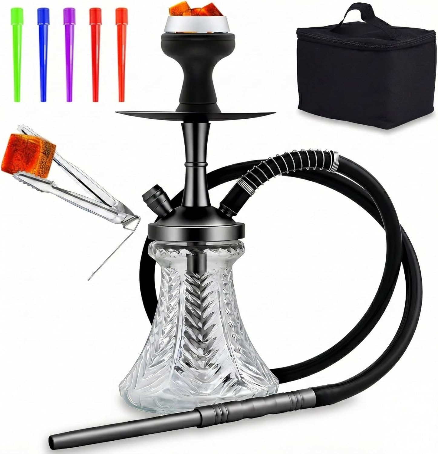 15" Premium Portable Hookah Set - Complete Shisha Kit with Travel Carry Case, Glass Vase, Silicone Hose, Silicone Bowl, Ashtray & Accessories (BLACK)