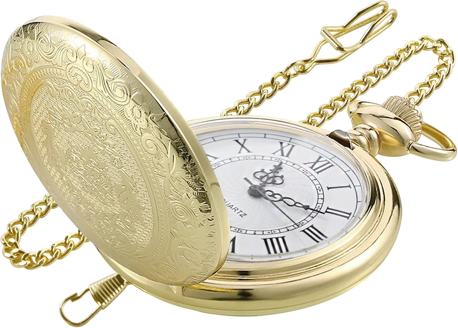 Gold Large Decorative Flower Pattern Pocket Watch White Roman Numeral Scale Quartz Pocket Watches for Men with Chain Christmas/Graduation/Birthday/Father's Day : Clothing, Shoes & Jewelry