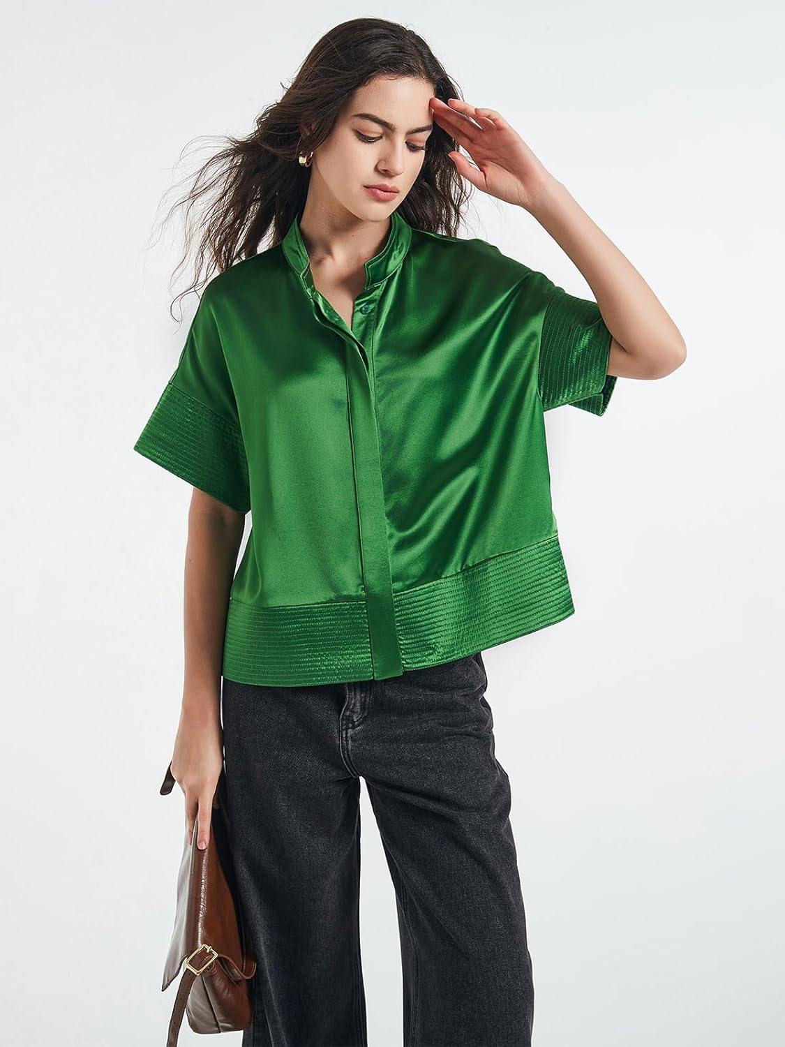 D-Sun Women's Casual Button Down Shirts Oversized Short Sleeve Stand Collar Tops Trendy Work Blouses - Image 7