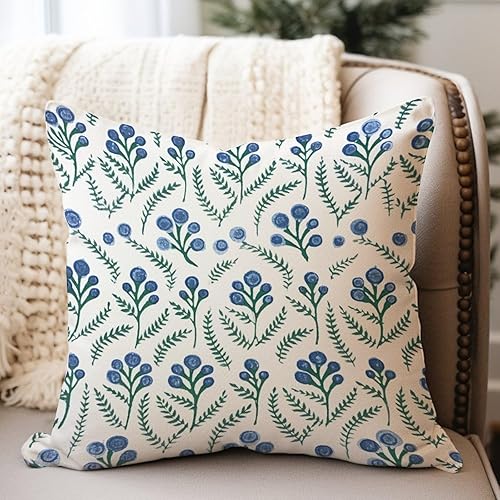 Miniatura 2 de Cojín de cojín de flor de loto verde y azul pavo real, diseño botánico floral azul, funda de almohada oriental de lino chinoiserie para sala de