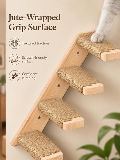 Foto 4 de 8 de Escalera para gatos, pared para gatos, 4 peldaños, pared de escalada para gatos, escalera con cuerda de yute
