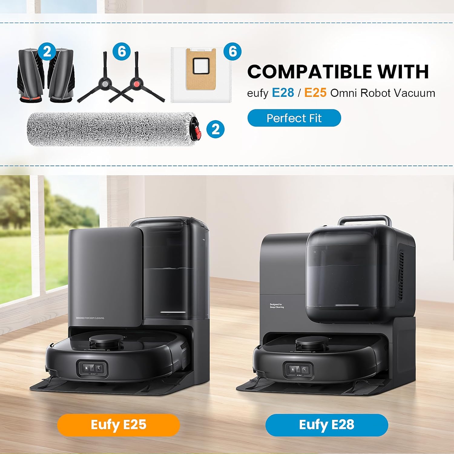 Accessories Kit Compatible with eufy E28 Omni / E25 Omni Robot Vacuum, Replacement Parts Include 1 Set (2) Main Brushes, 6 Dust Bags, 2 Roller Mops, 6 Side Brushes, 1 Cleaning Tool