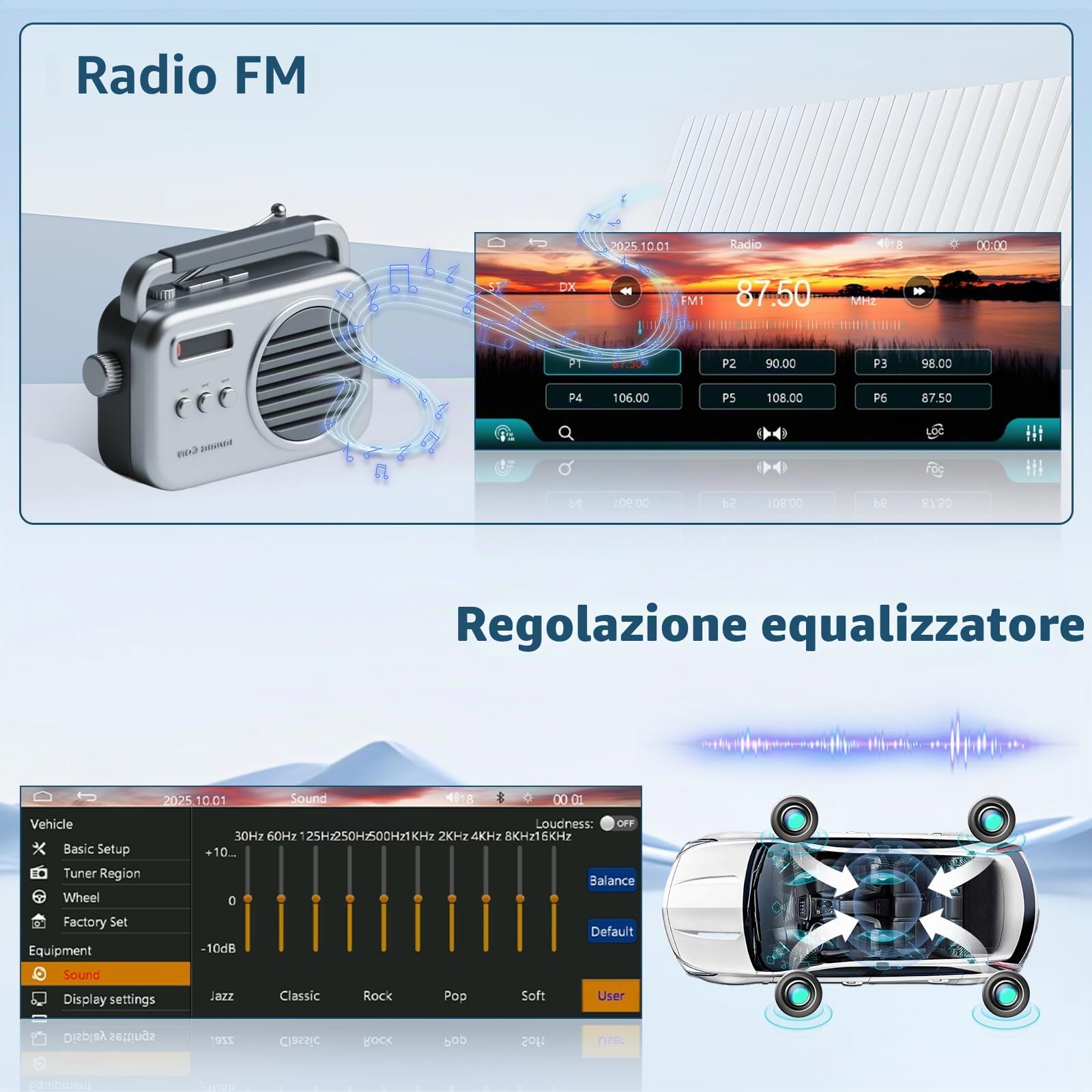Autoradio 1 DIN con Carplay Wireless & Android Auto, Roinvou con Schermo 6.28" - Telecamera Retro, FM, Bluetooth, EQ, Vivavoce, Aux/USB/Type-C, Comandi al Volante, Mirror Link