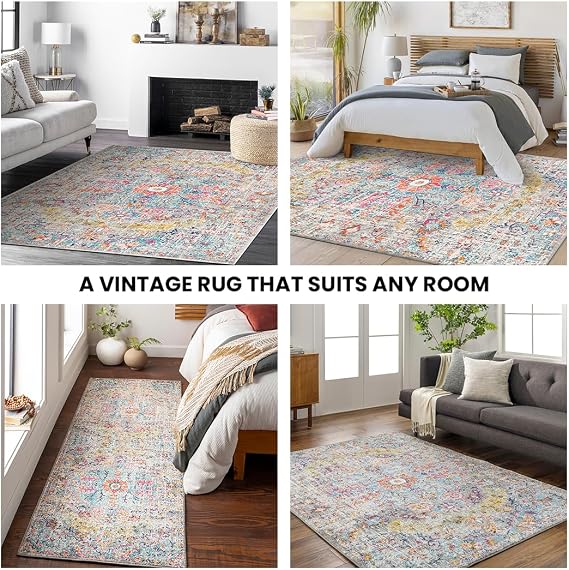 Livabliss Lou Asmara Vintage Carpet 120x170 cm, Traditional Boho Multicolour Design for Living Room, Dining & Kitchen, Easy Care Pile, Beige Mustard Blue