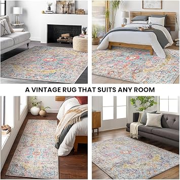 Livabliss Lou Asmara Vintage Carpet 120x170 cm, Traditional Boho Multicolour Design for Living Room, Dining & Kitchen, Easy Care Pile, Beige Mustard Blue