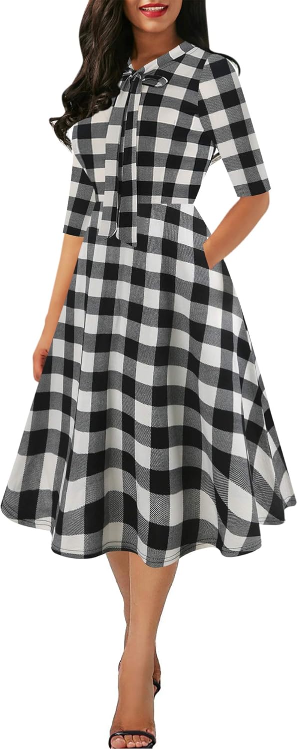 oxiuly Women's Vintage Bow Tie V-Neck Pockets Casual Work Party Cocktail Swing A-line Dresses OX278