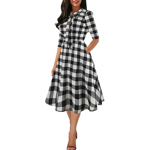 oxiuly Women's Vintage Bow Tie V-Neck Pockets Casual Work Party Cocktail Swing A-line Dresses OX278