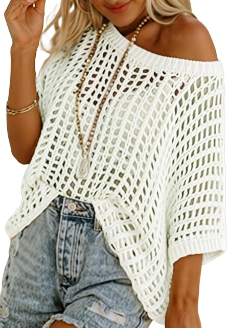 KISSMODA Été Femmes Casual Col rond Pull-over Sweater à manches courtes Crochet Hollow Out Chemise Couvrez la plage