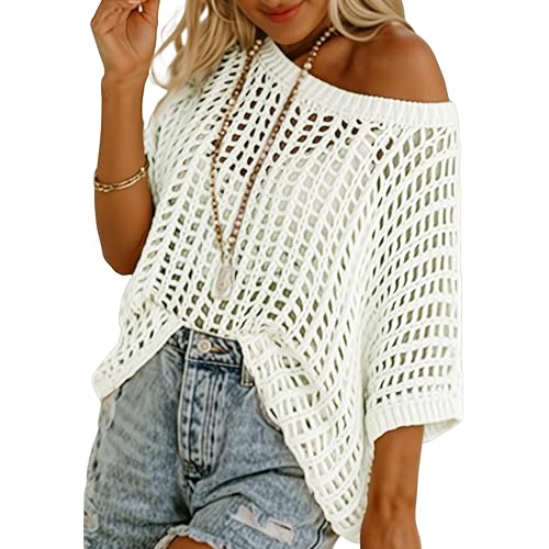 Dokotoo Womens Summer Scoop Neck Short Sleeve Sweater Casual Crochet Hollow Out Knit Tops Pullover Shirts Beach Coverup
