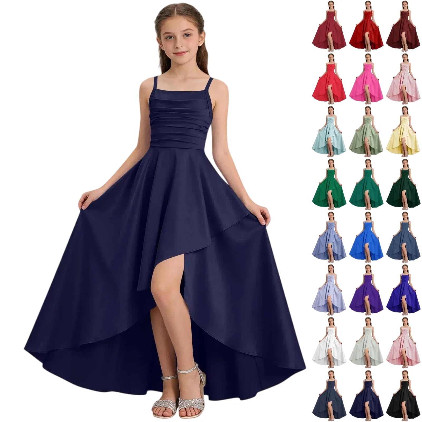 Robe de soirée pour Fille Élégante Robe de Bal Promo Courte Devant Longue Derriere Satin Robes ado d'été Sans Manches Épaules Dénudées Princesse Robes Trapèze Mariage Fête Danse Anniversaire 3-14 Ans