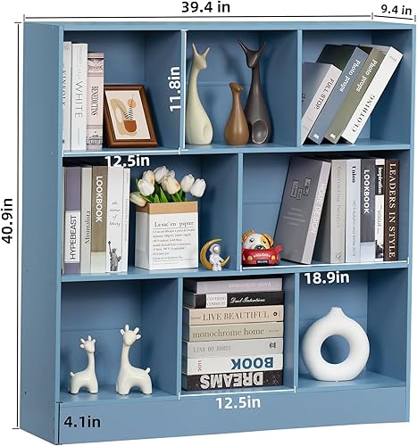 Miniatura 9 de YAHARBO Estantería ancha negra, estantería horizontal moderna de 3 niveles, estantería baja de madera con base, organizador grande de 8 cubos para