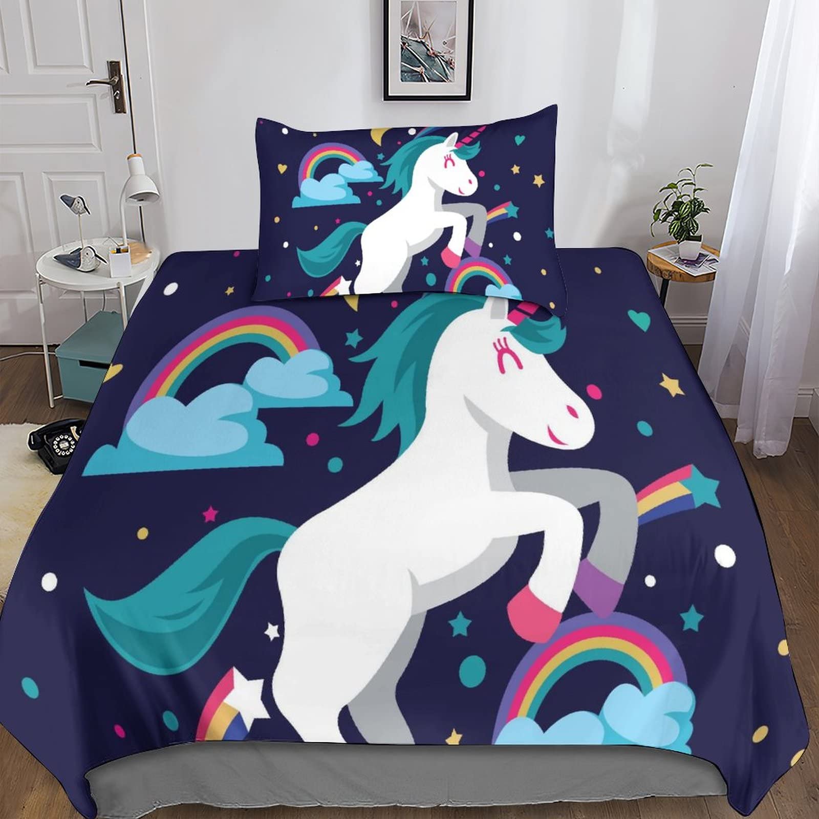 Housse de couette licorne 3D en microfibres pour lit simple enfant