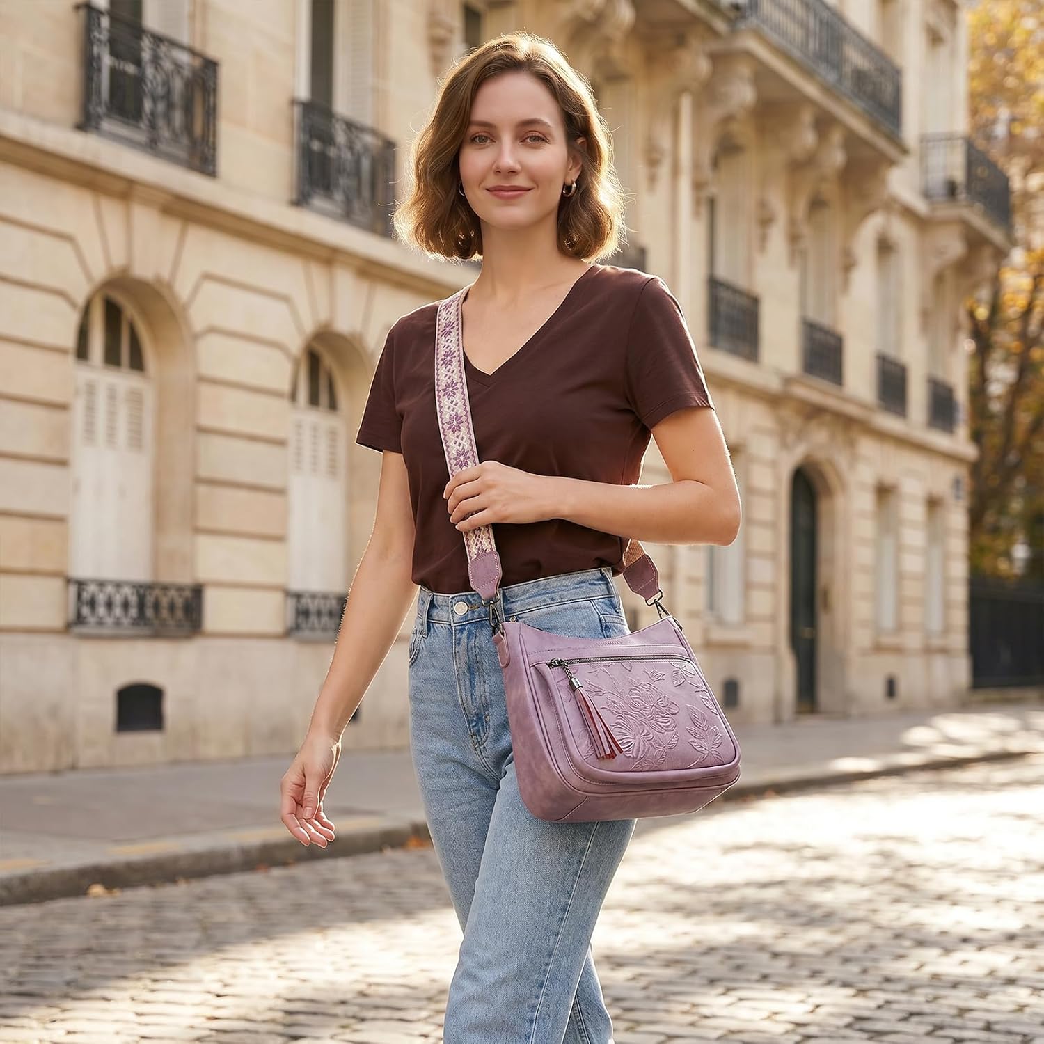 Crossbody Bags for Women, Vegan Leather Medium Crossbody Purse, Spacious Daily Travel Shoulder Bag with Boho Strap