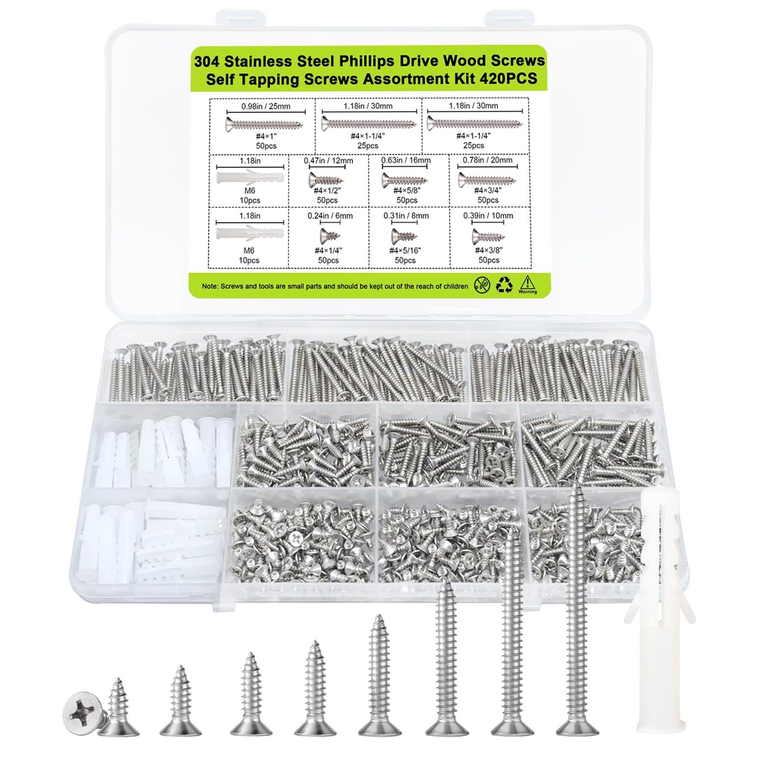 Photo 1 of #4 Small Wood Screw Assortment Kit, 420 PCS, 304 Stainless Steel Flat Head Phillips Tiny Wood Screws for Wood, Cabinet Hinges, and DIY Crafts, Short Screw Set with 20PCS M6 Anchors