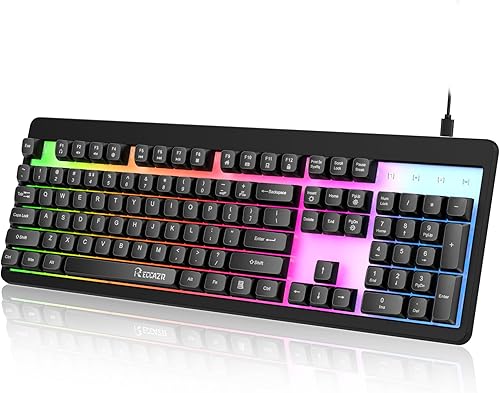 RECCAZR Teclado para juegos retroiluminado LED arcoíris, 104 de tamaño completo, sensación mecánica multimedia, teclado para juegos de PC,