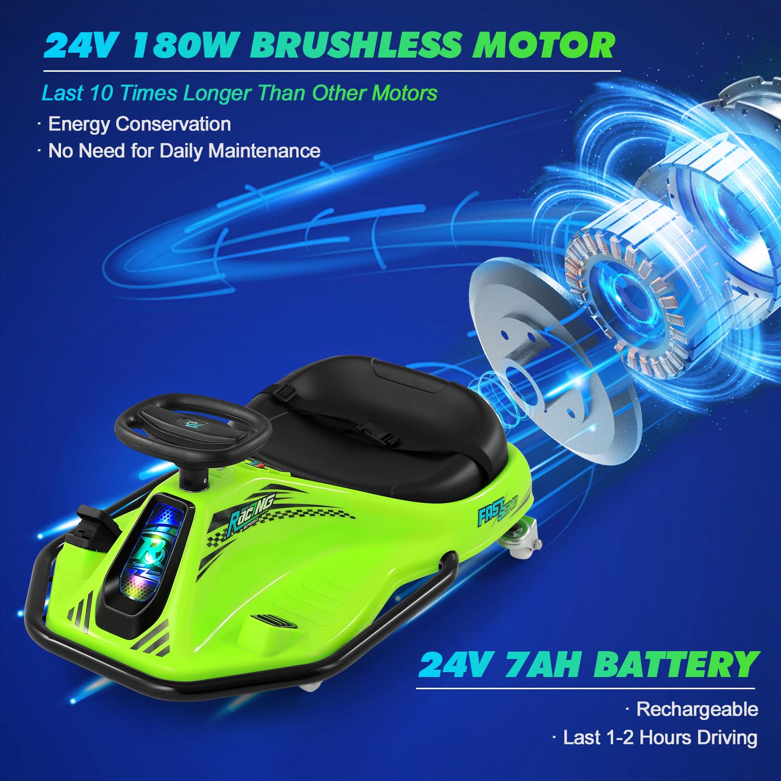  JOYLDIAS 360 Degrees Rotating Ride On Drift Car, 24V Electric  Drifting Go Kart for Kids with High/Low Speed, 24V Brushless Motor,  Flashing Lights, Flag, Music, Bluetooth for Kids, Green : Toys