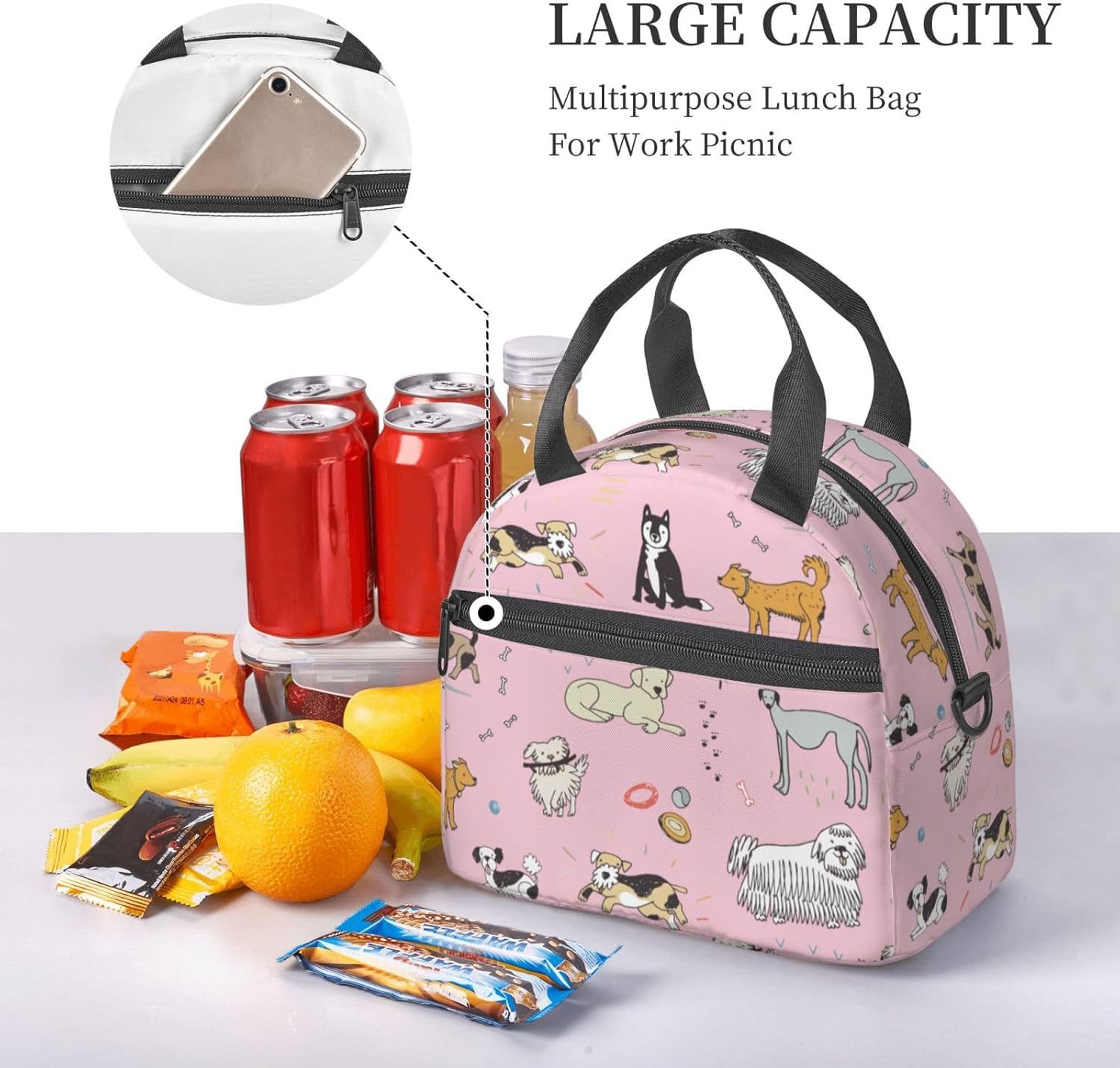 Cute Dogs Pink Background Lunch Bag Reusable Insulated Lunch Tote Bag Lunchbox Container With Adjustable Shoulder Strap For Office Work Picnic Travel - Image 6