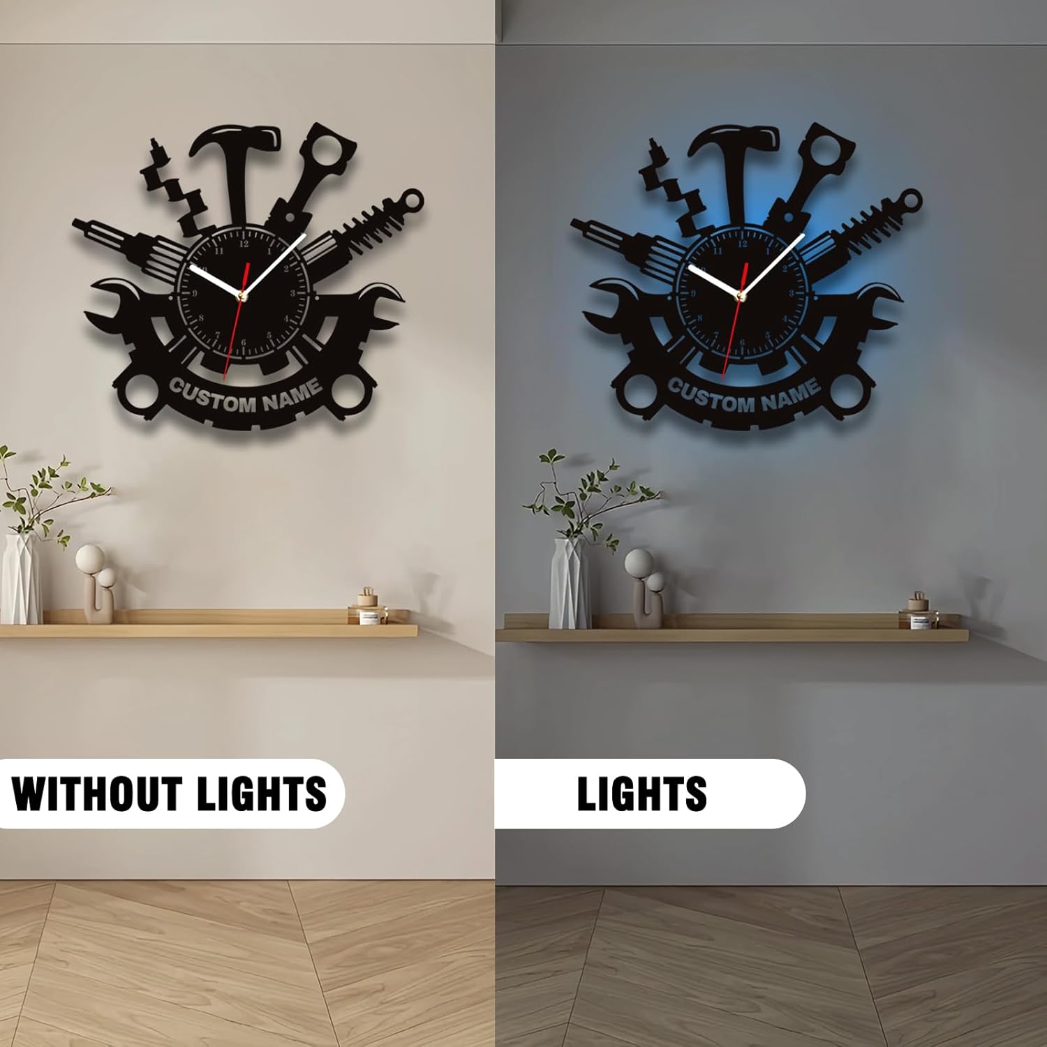 Personalized Garage Clock Sign, Garage Metal Wall Clock, Car Repair Tools Wall Clock with Colorful Light, Custom Warehouse/Toolroom Clock with Name, Workshop Decor
