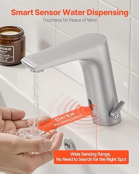 VEVOR Touchless Bathroom Sink Faucet, Automatic Motion Sensor Restroom Toilet Faucet, HandsFree Adjustable Cold Hot Single Handle Water Mixer Battery Operated for 9/16 in Pipe,Brushed Nickel Silver