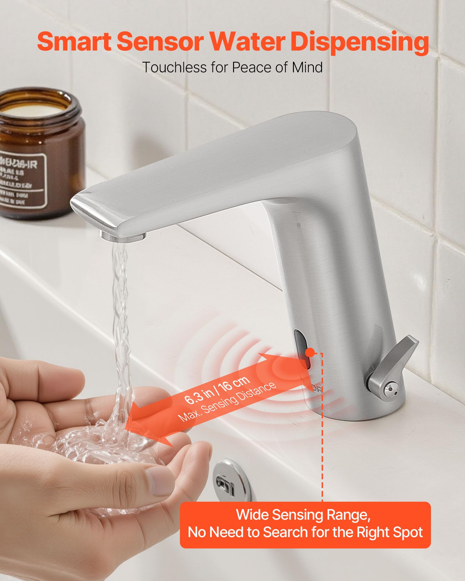 VEVOR Rubinetto per Lavabo Senza Contatto, Rubinetto Automatico con Sensore a Batteria, Miscelatore Maniglia Singola Regolabile a Mani Libere, Acqua Fredda e Calda, Argento Nichel Spazzolato
