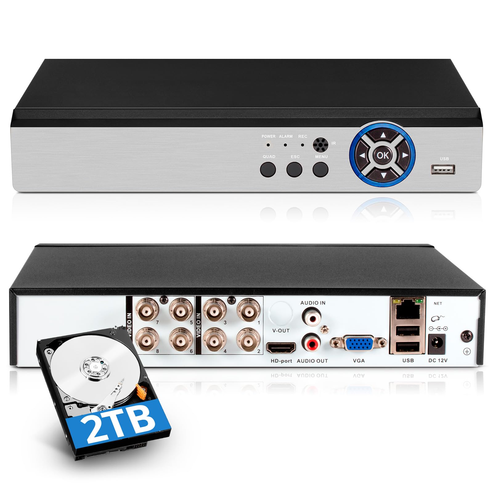 Registratore DVR di sicurezza a 8 canali con HDD da 2 TB, rilevamento umano/veicolo, H.265+ ibrido 5 in 1 DVR di sorveglianza cablato per telecamere CCTV HD-TVI/CVI/CVBS/AHD/IPC 1080P 5MP