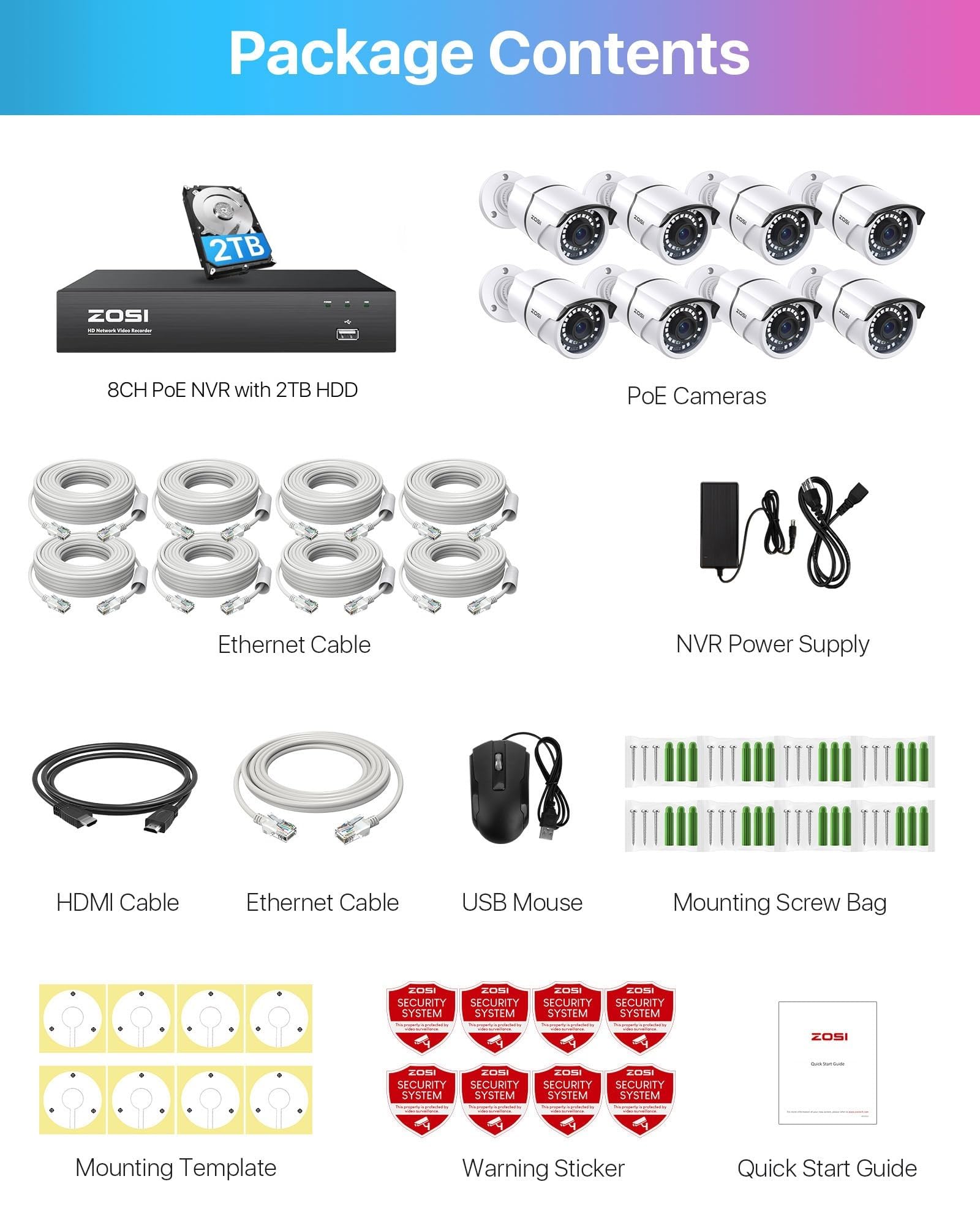 ZOSI PoE Kit Videosorveglianza Esterno, 4K NVR 8CH 2TB + 8x 5MP Telecamera, Impermeabile IP66, Visione Notturna di 30 metri, Rilevamento del Movimento,Registrazione 24/7, Accesso Remoto