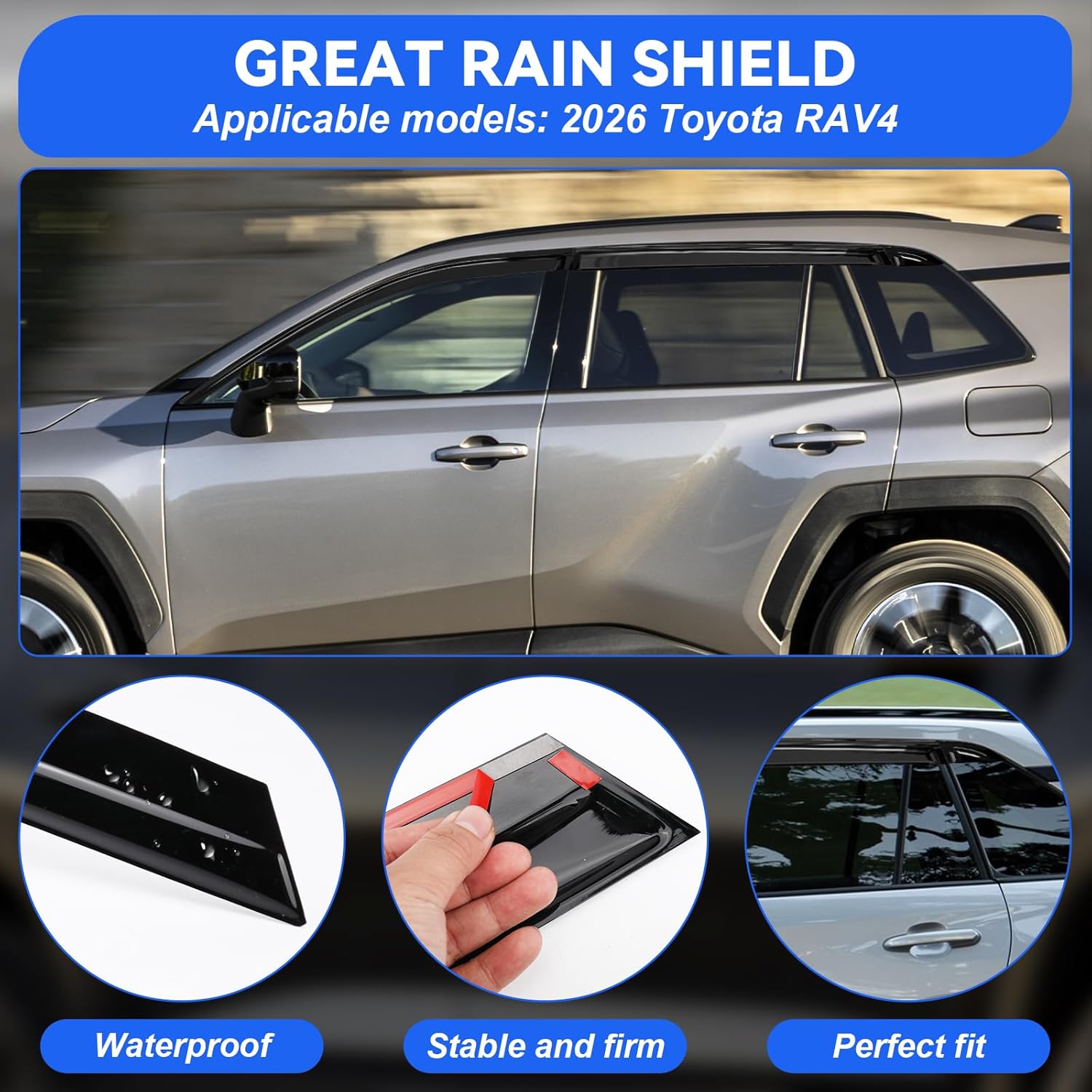 6 Pcs Window Visors Deflectors for 2026 Toyota Rav4, Tape-On Rain Guards, Aerodynamic Wind Noise Reduction & UV Protection, 2026 Rav4 Accessories