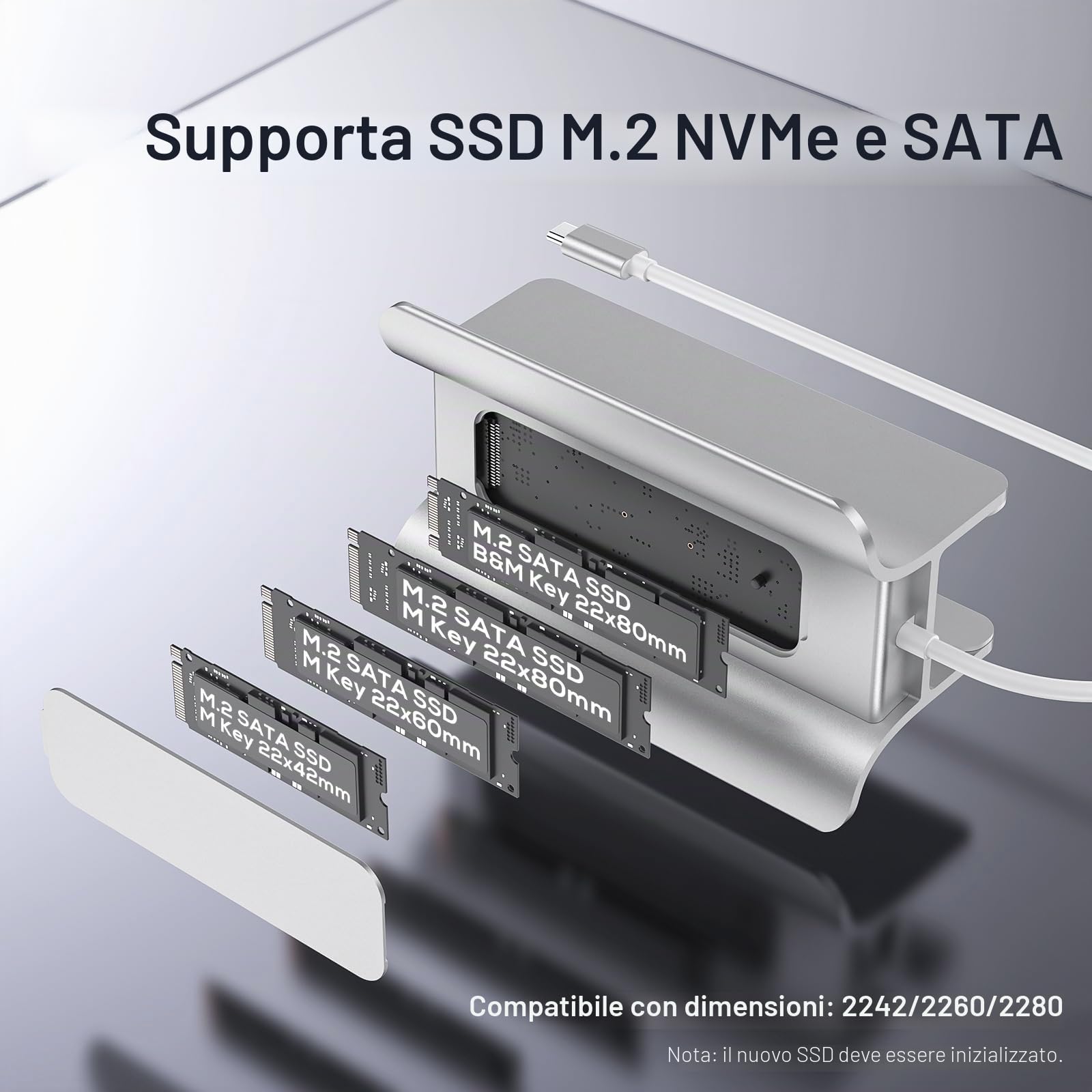 Hub USB C per Mac mini M1/M2, hub USB con supporto per SSD M.2 NVMe | PULWTOP Adattatore hub USB con 2X USB C 10 Gbps, lettore di schede SD/TF, SSD M.2 (SSD Non Incluso)